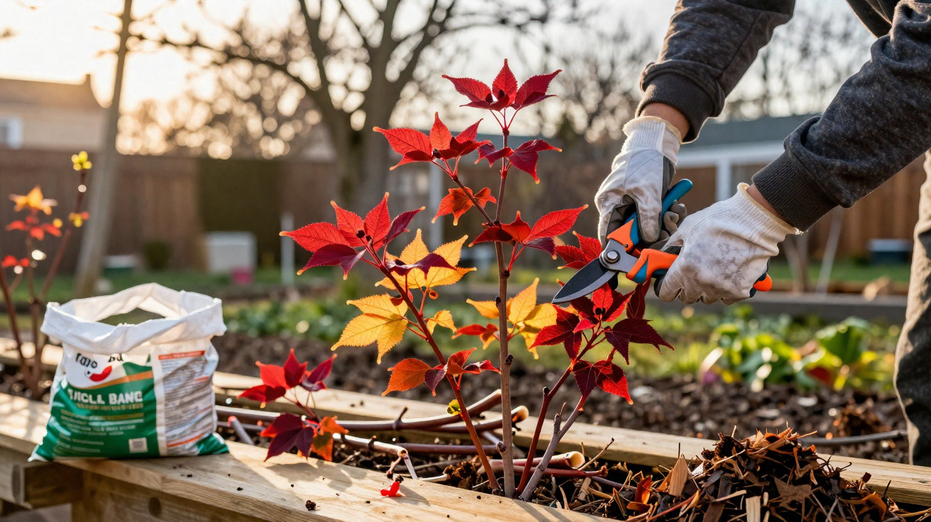 Gardener wearing gloves pruning red and yellow leaves with secateurs in a raised garden bed.
