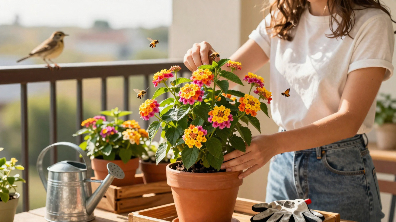 Person tending to vibrant lantana flowers in terracotta pot on balcony with birds and bees nearby.