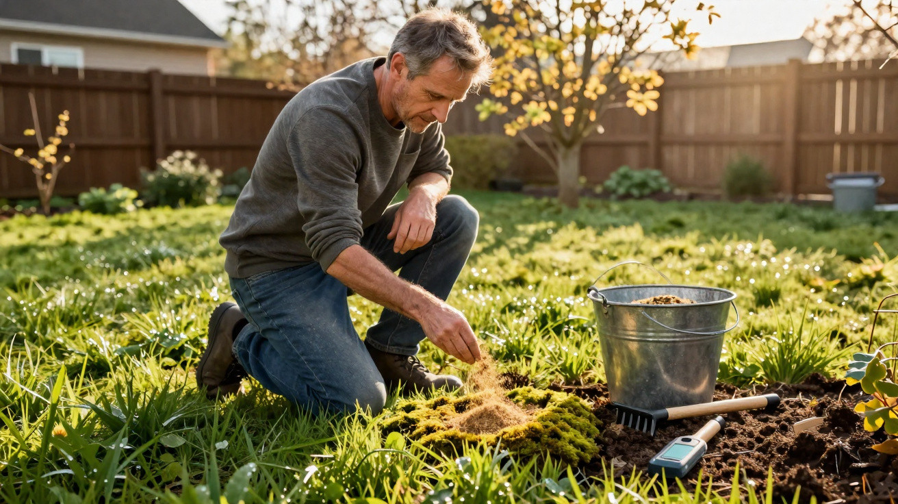 Middle-aged man kneeling in garden spreading soil over moss with gardening tools and bucket nearby.