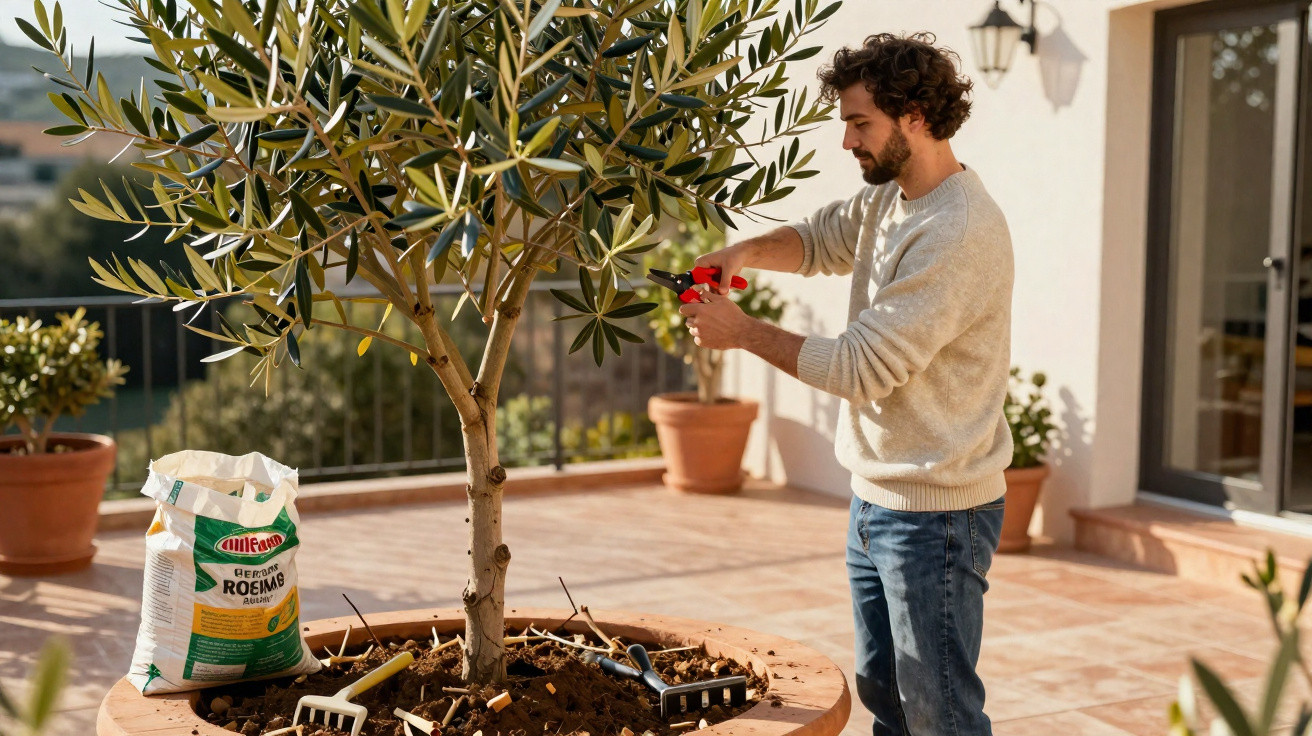 Man pruning olive tree in large round planter on sunny terrace with gardening tools and fertiliser nearby