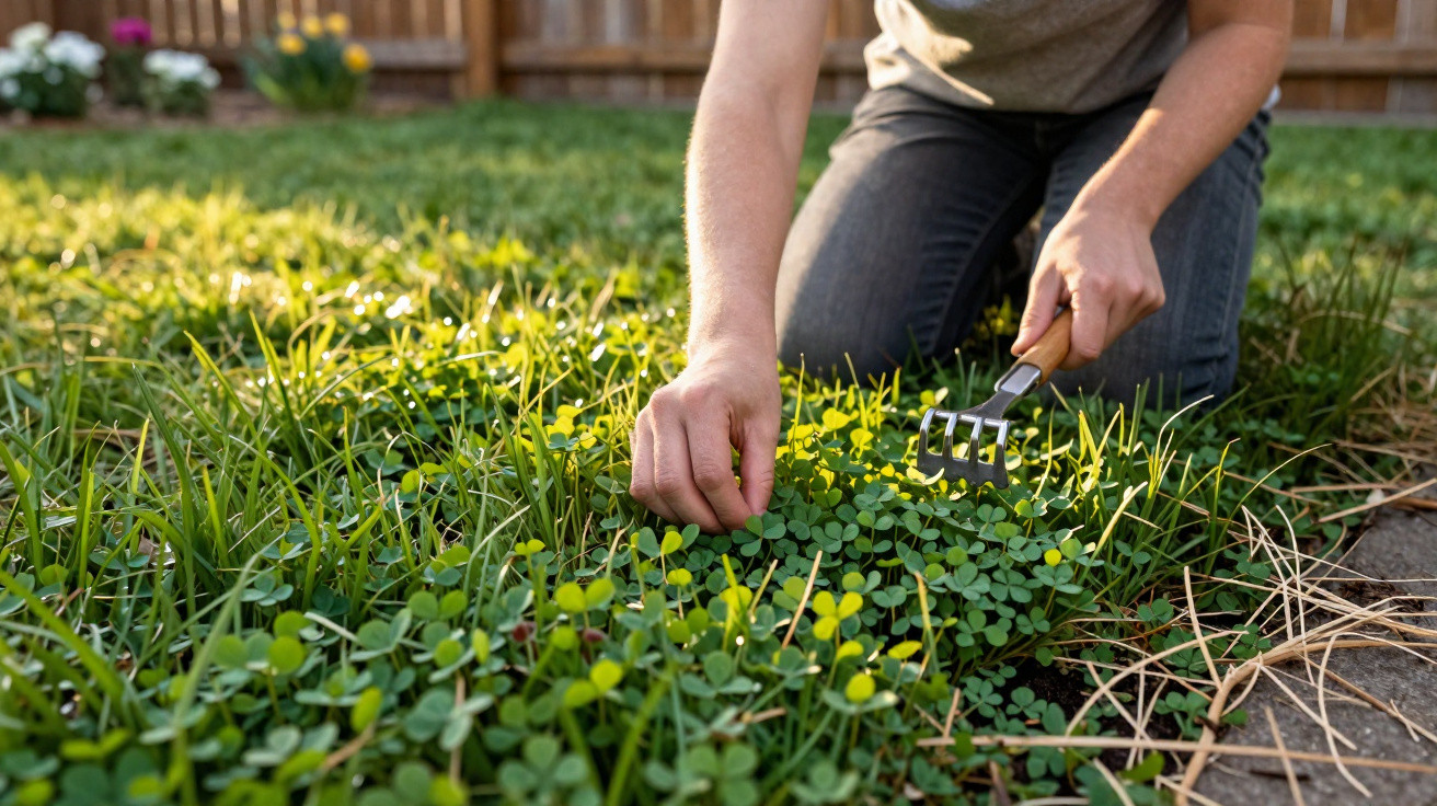 Person weeding a garden patch of grass and clover using a small hand rake in sunlight