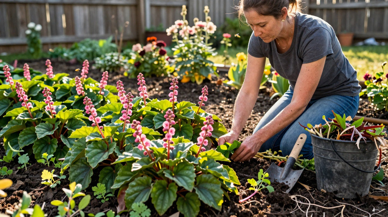 Woman weeding a flower bed with pink blooming plants in a sunny garden next to a bucket and small spade.