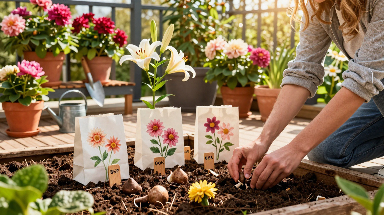 Person planting flower bulbs in a garden bed with labelled seed packets and potted flowers nearby.