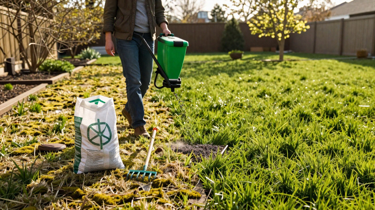 Person spreading lawn fertilizer using a green spreader in a sunlit garden lawn.