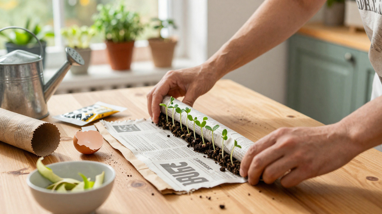 Person rolling up newspaper with soil and sprouting seedlings indoors on wooden table.