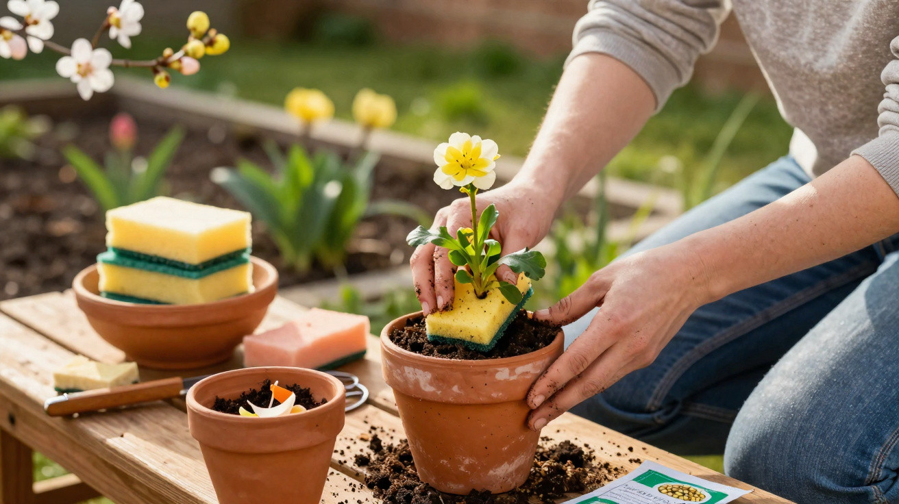 Person using a sponge to clean soil around a yellow flowering plant in a terracotta pot outdoors.