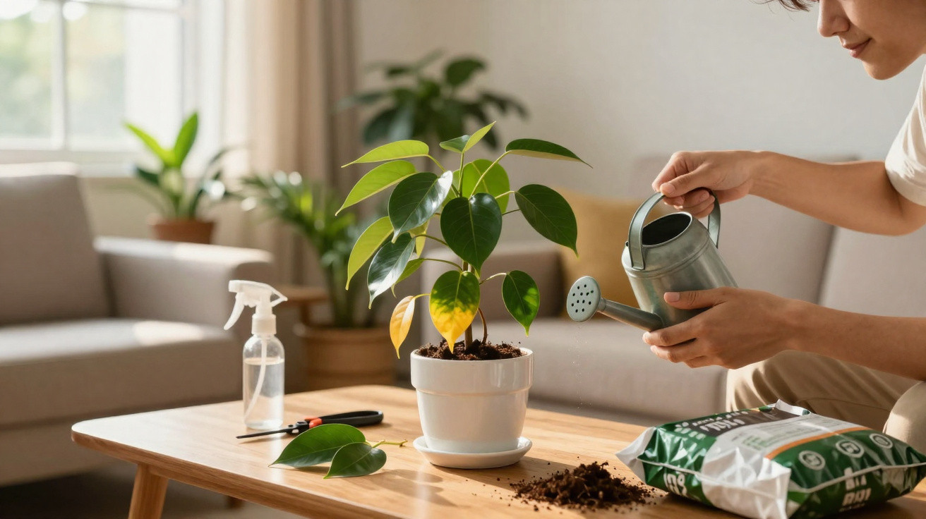 Person watering a green houseplant on a wooden table with gardening tools and soil in a living room.