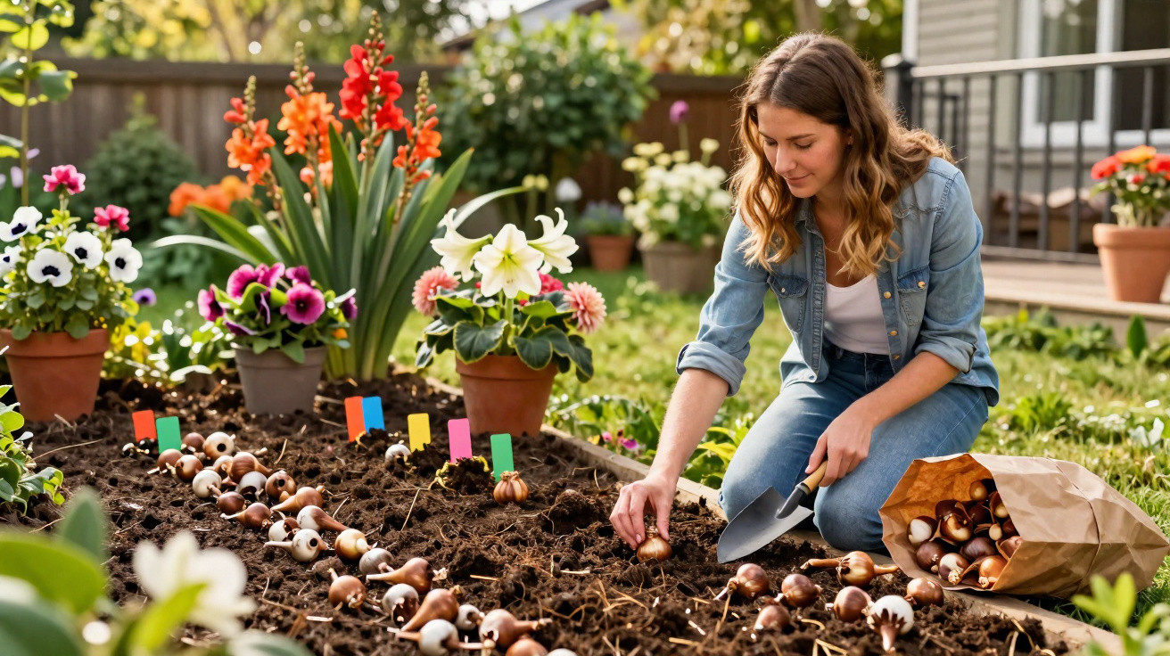 Woman planting flower bulbs in a garden bed with colourful flowers and plant markers nearby.