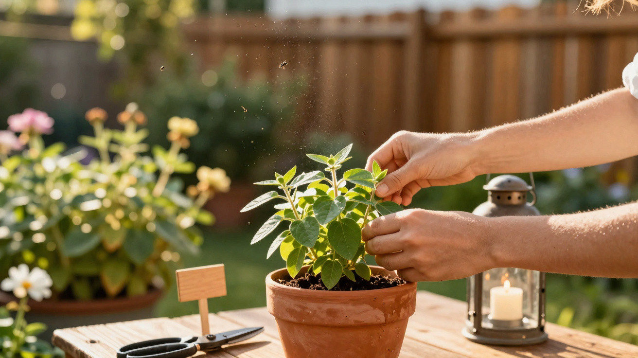 Person tending to a green plant in a terracotta pot on a wooden table outdoors in sunlight.