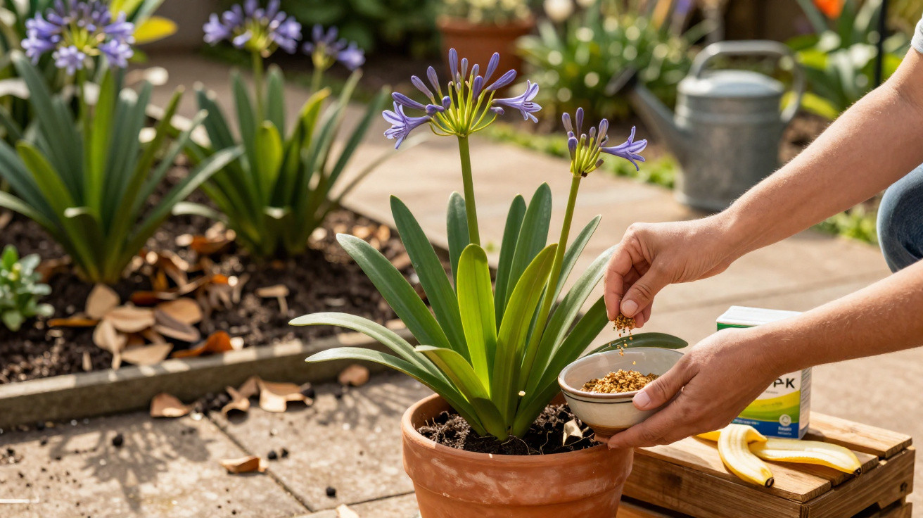 Hands spreading fertiliser granules on a potted Agapanthus plant in a sunny garden patio area.