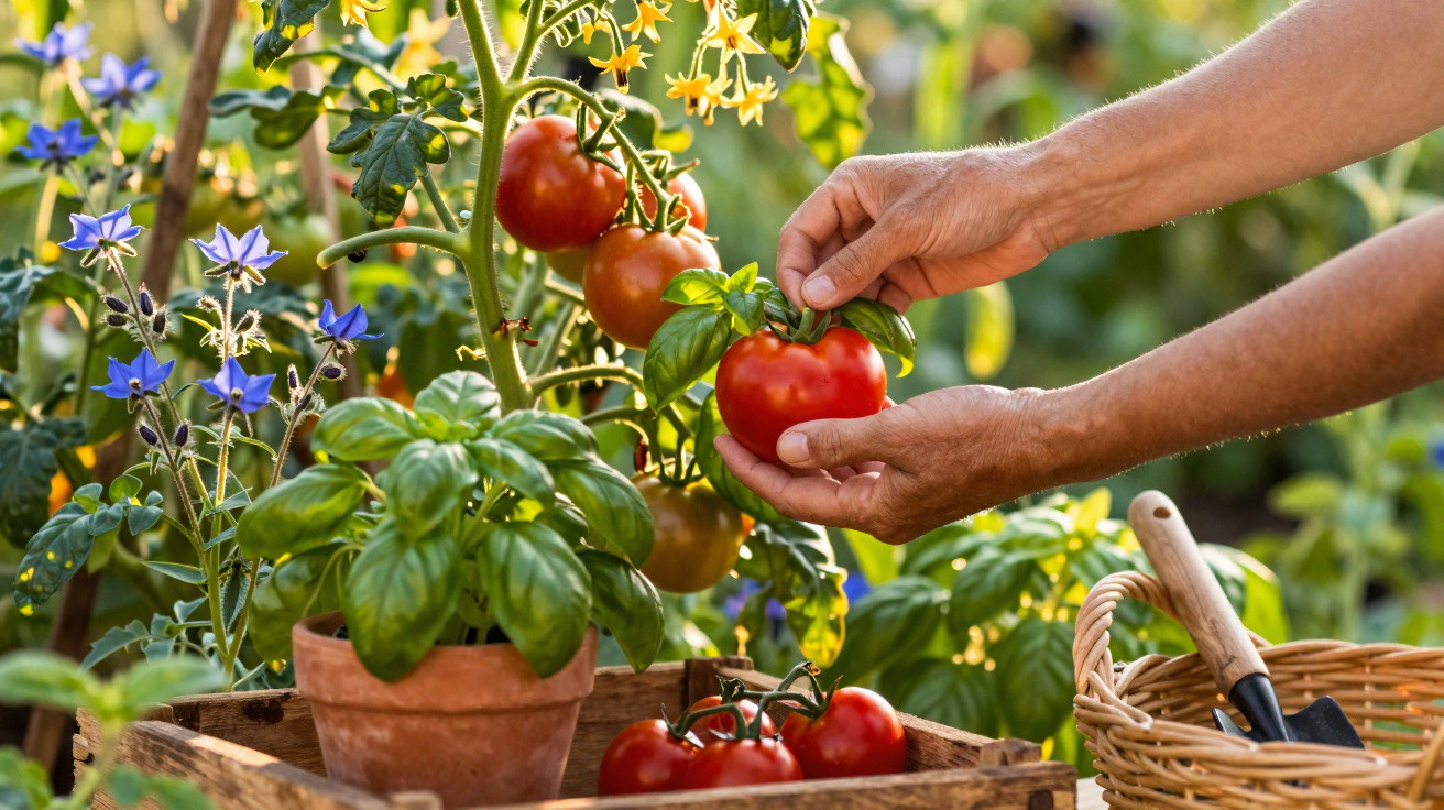 Hands picking a ripe red tomato from a plant with basil and blue flowers in a garden.