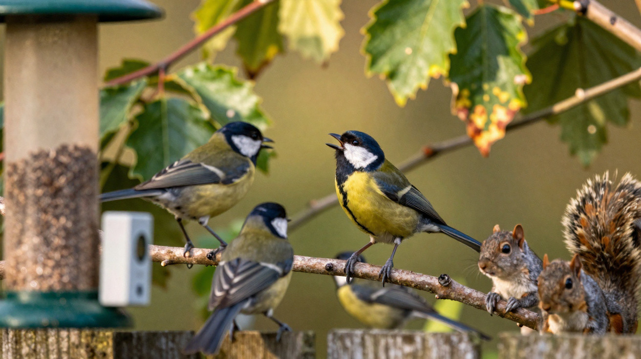 Three great tits and two squirrels perched on a wooden fence near a bird feeder with autumn leaves.