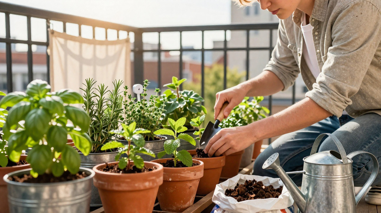 Person tending to various potted herb plants on a balcony garden with gardening tools and watering can.