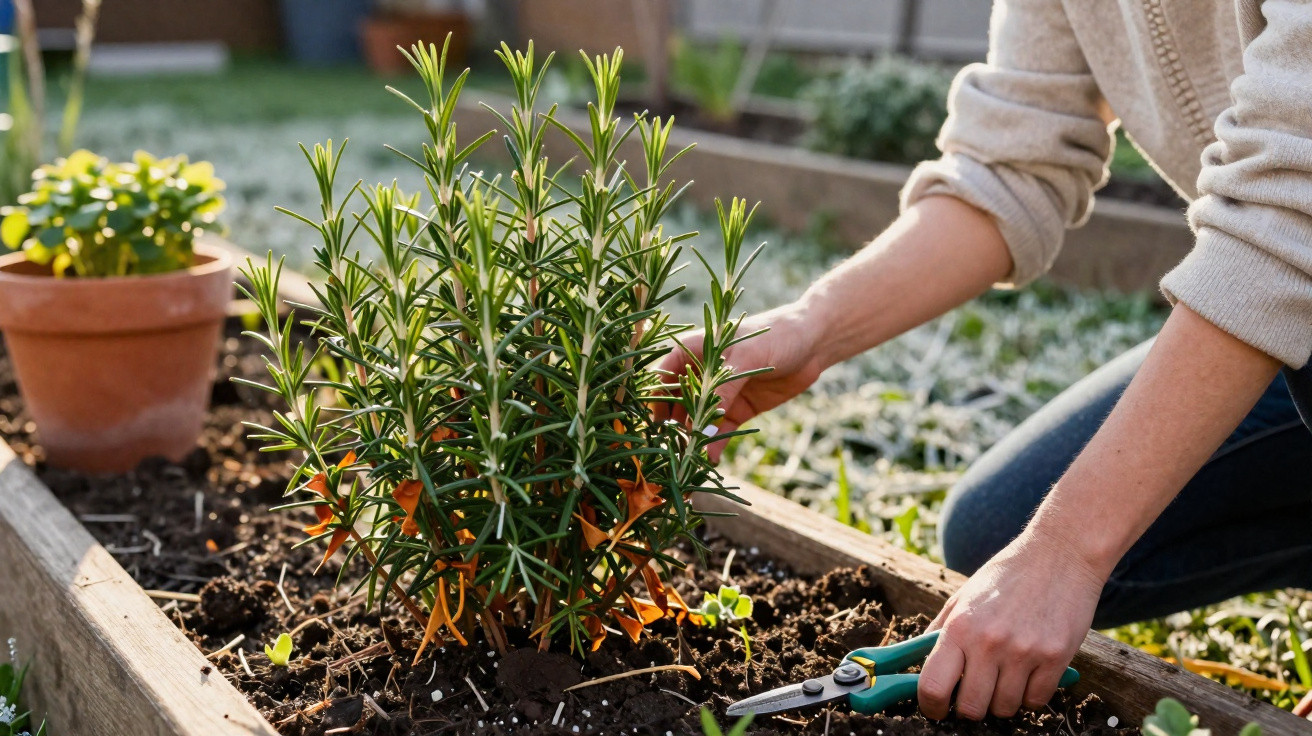 Person gardening, pruning a healthy rosemary plant in a raised garden bed with pruning shears nearby.