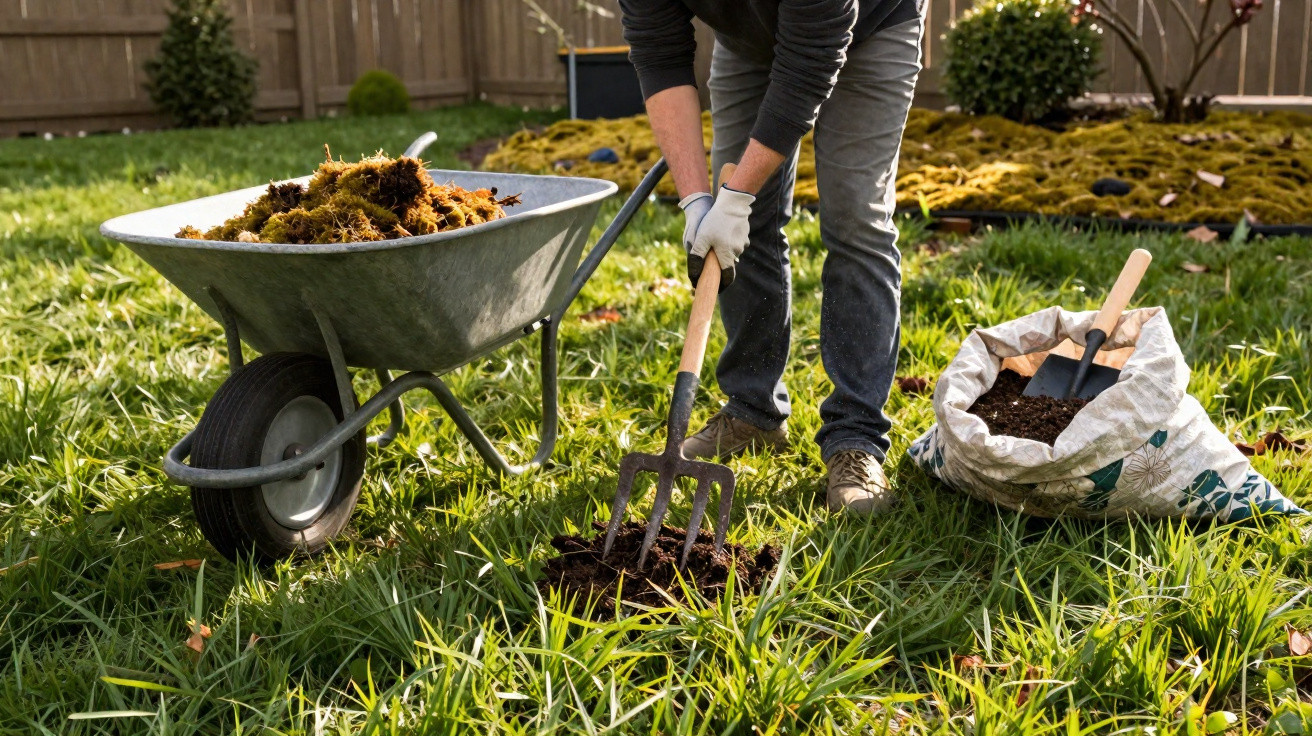 Person using garden fork to dig soil beside a wheelbarrow filled with moss and a bag of compost on grass.