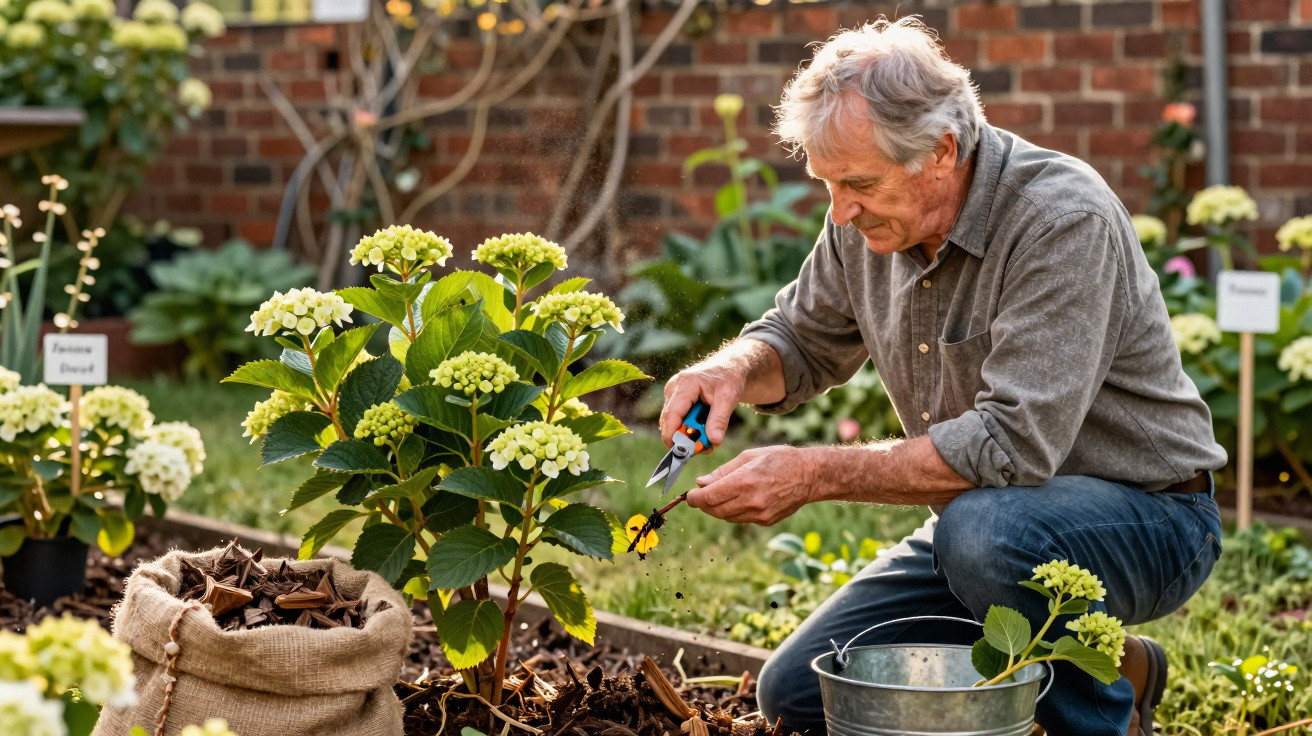 Older man tending to hydrangea plants in a sunlit garden bed with gardening tools and bucket nearby