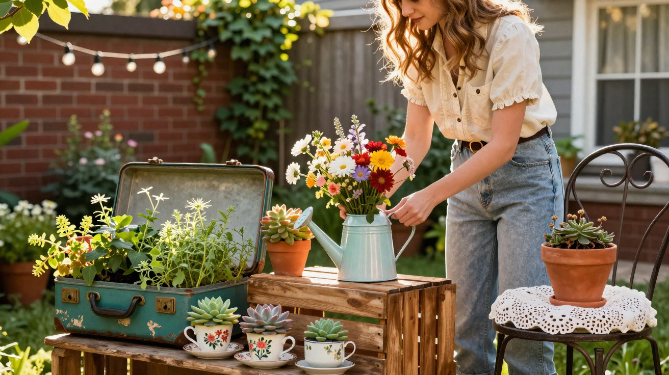 Woman arranging a colourful bouquet in a watering can, surrounded by potted plants and succulents in a sunny garden.