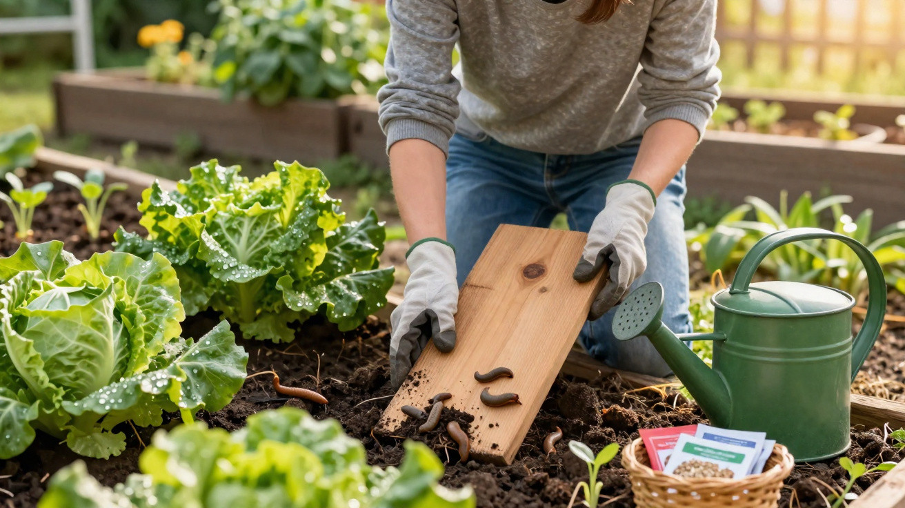 Person using a wooden board to collect worms from soil in a garden with leafy vegetables and a green watering can nearby.