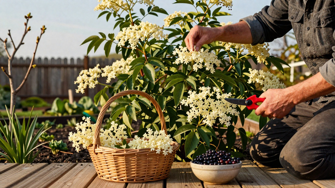 Person harvesting white elderflower blossoms into a wicker basket in a garden on a sunny day.