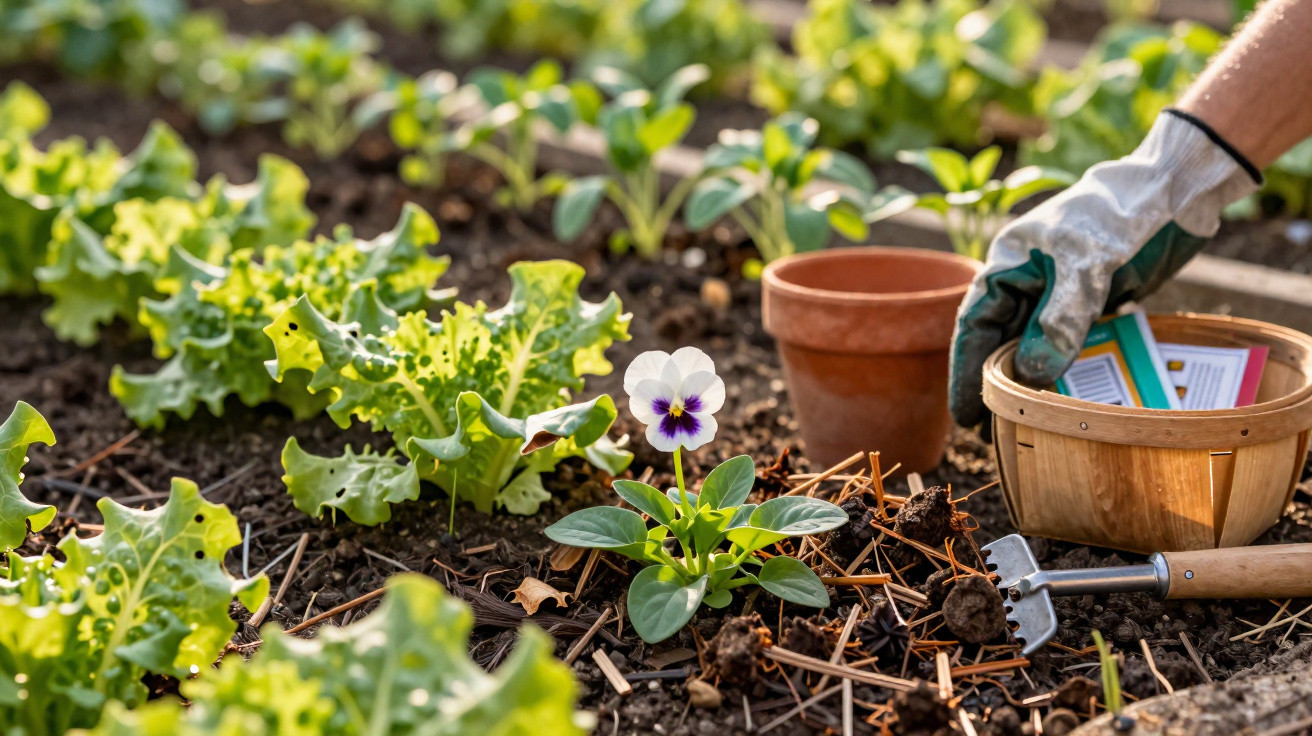 Garden bed with lettuce plants, a white and purple pansy, and a gloved hand holding seed packets.