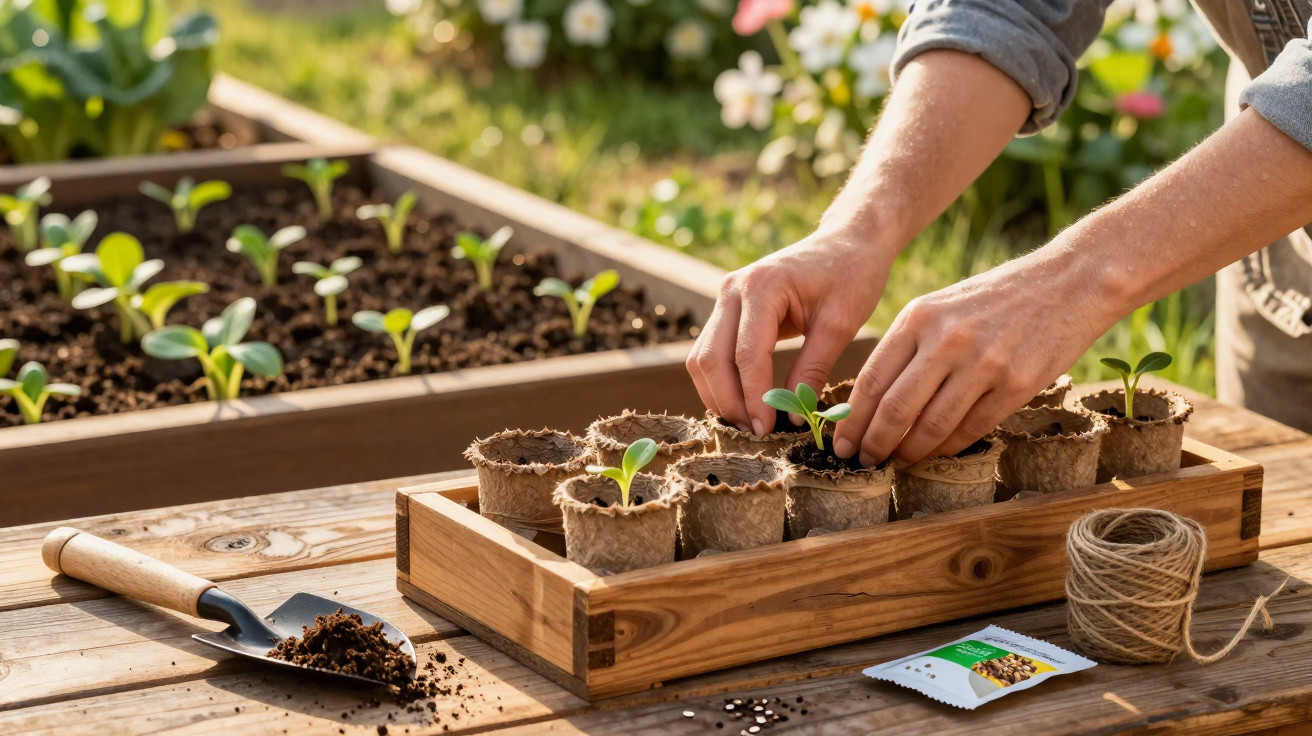 Hands planting seedlings in biodegradable pots on a wooden table with gardening tools and seed packets nearby.