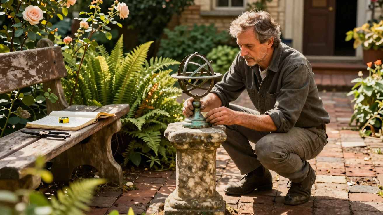 Man in garden adjusting a sundial on a stone pedestal surrounded by plants and a wooden bench with tools.