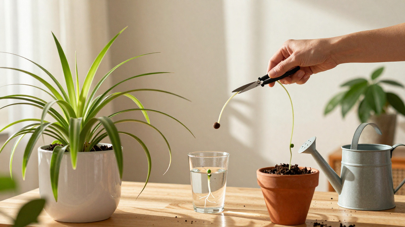 Hand pruning a long sprout next to a glass with roots, potted spider plant, and metal watering can on table.
