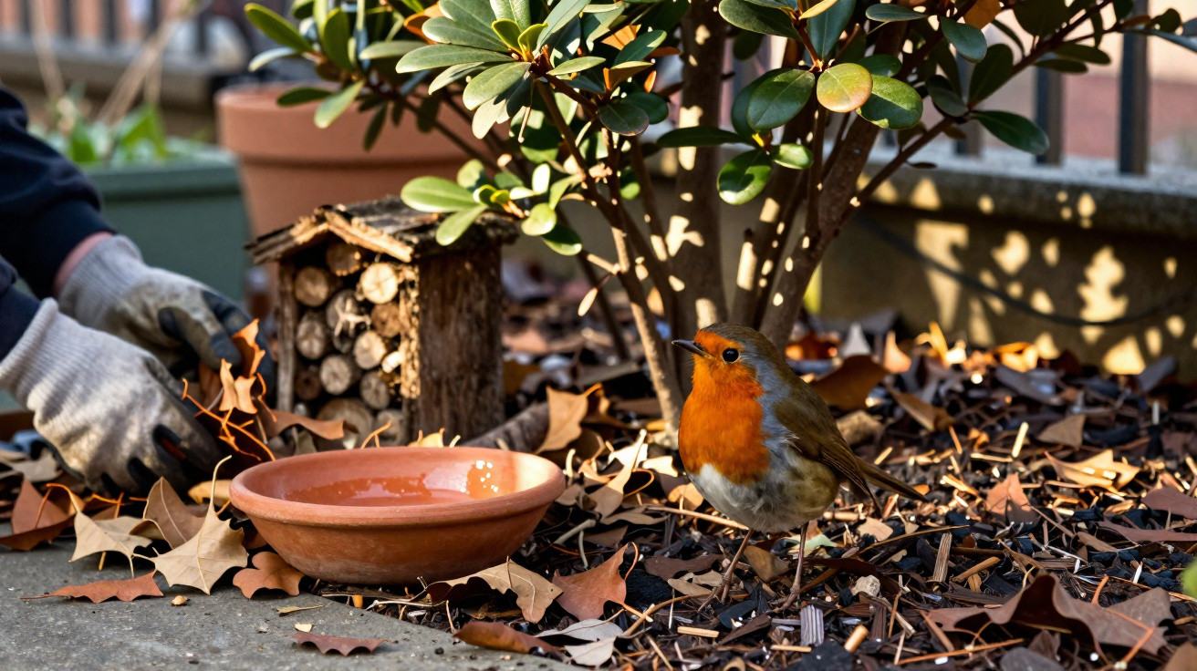 A robin standing near a shallow dish in a garden with fallen leaves and a small wooden bug house.
