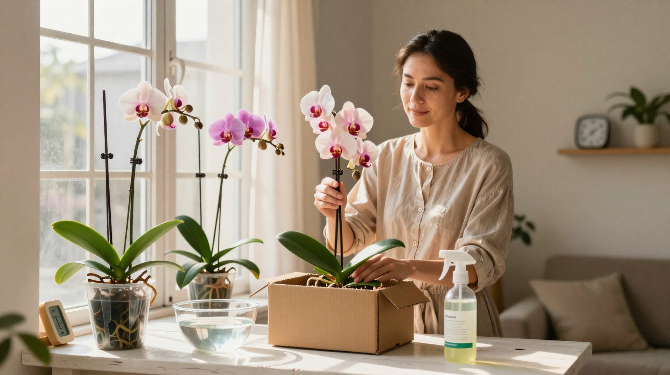 Woman arranging pink and white orchids in a box on a sunlit table by a window.