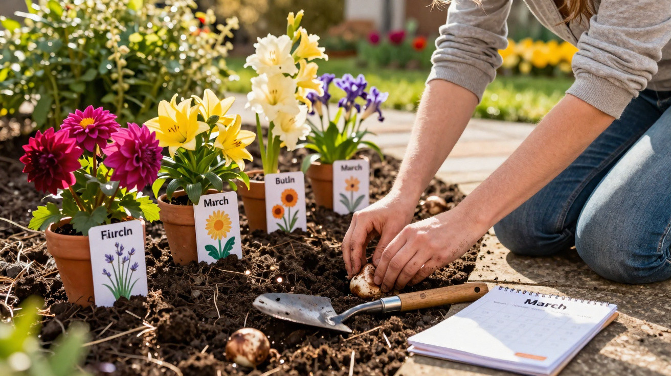 Person planting flower bulbs in garden soil beside pots of colourful flowers and a garden calendar marked March