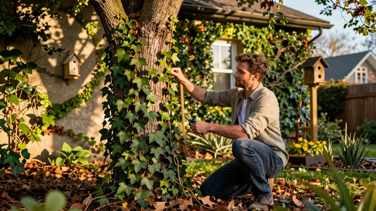 Man trimming ivy growing on a tree in a sunlit garden with birdhouses and a house in the background