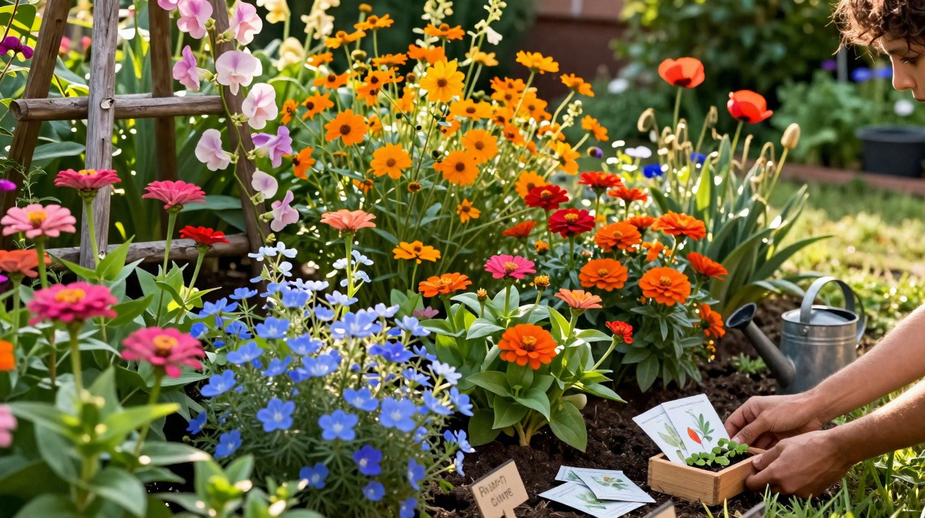 Person planting seedlings in a colourful flower garden with orange, pink, blue, and red blooms on a sunny day.