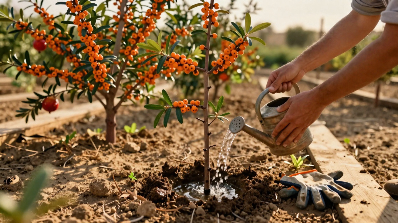Person watering a young tree with orange berries in a sunny garden bed with gardening gloves nearby.