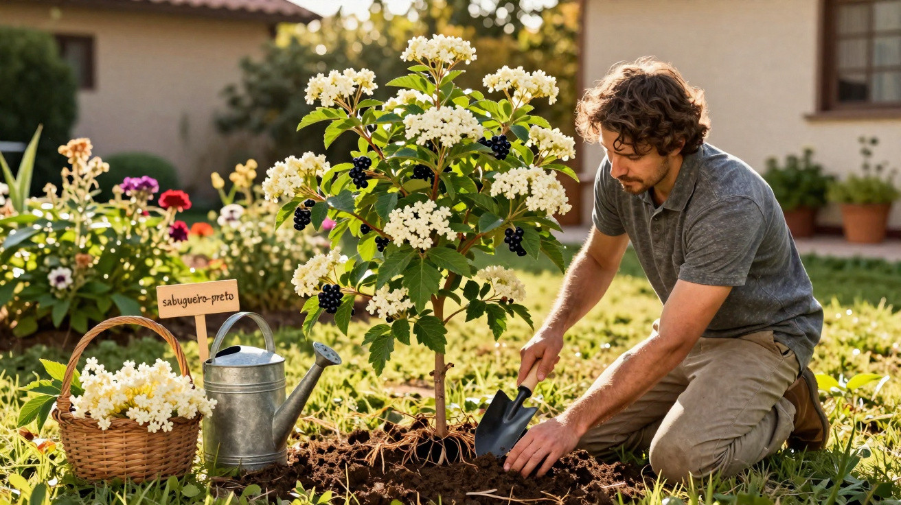 Man kneeling on grass, planting a blooming shrub with white flowers and dark berries in a sunny garden.