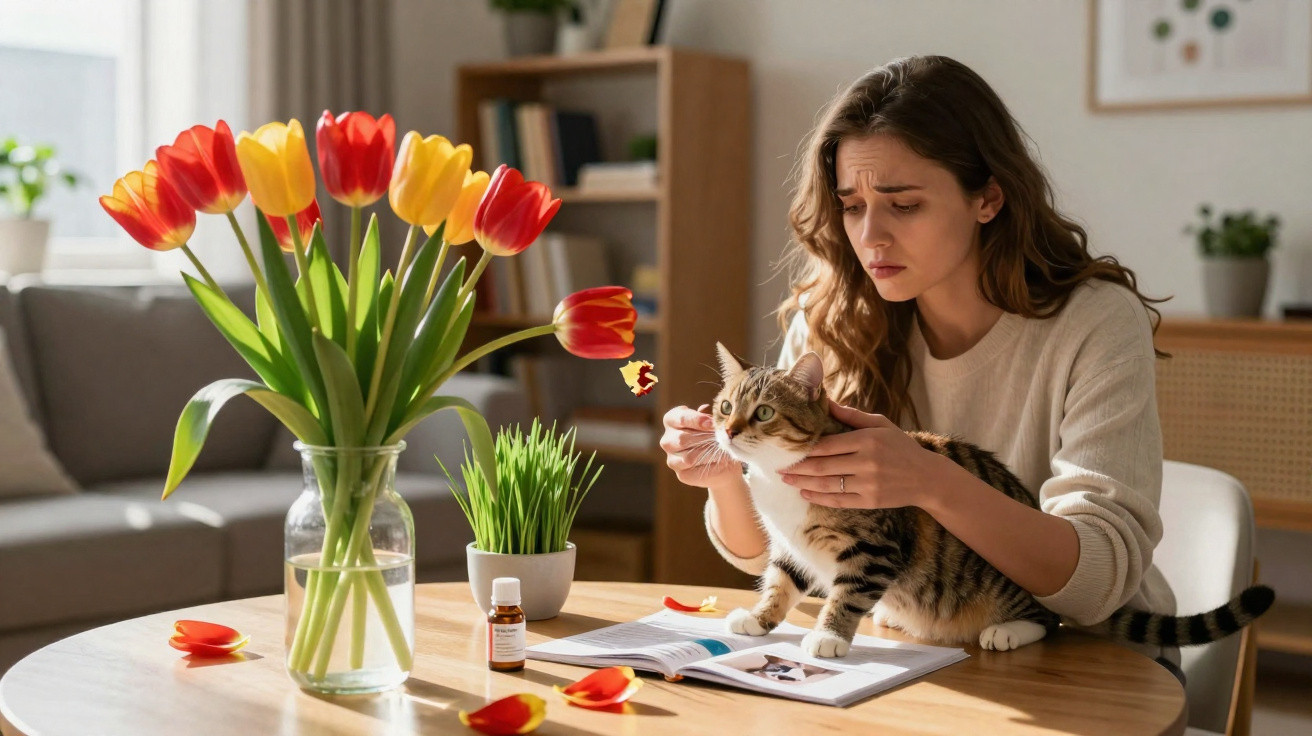 Worried woman holding a cat on a table with tulips, an open book, and a small medicine bottle.