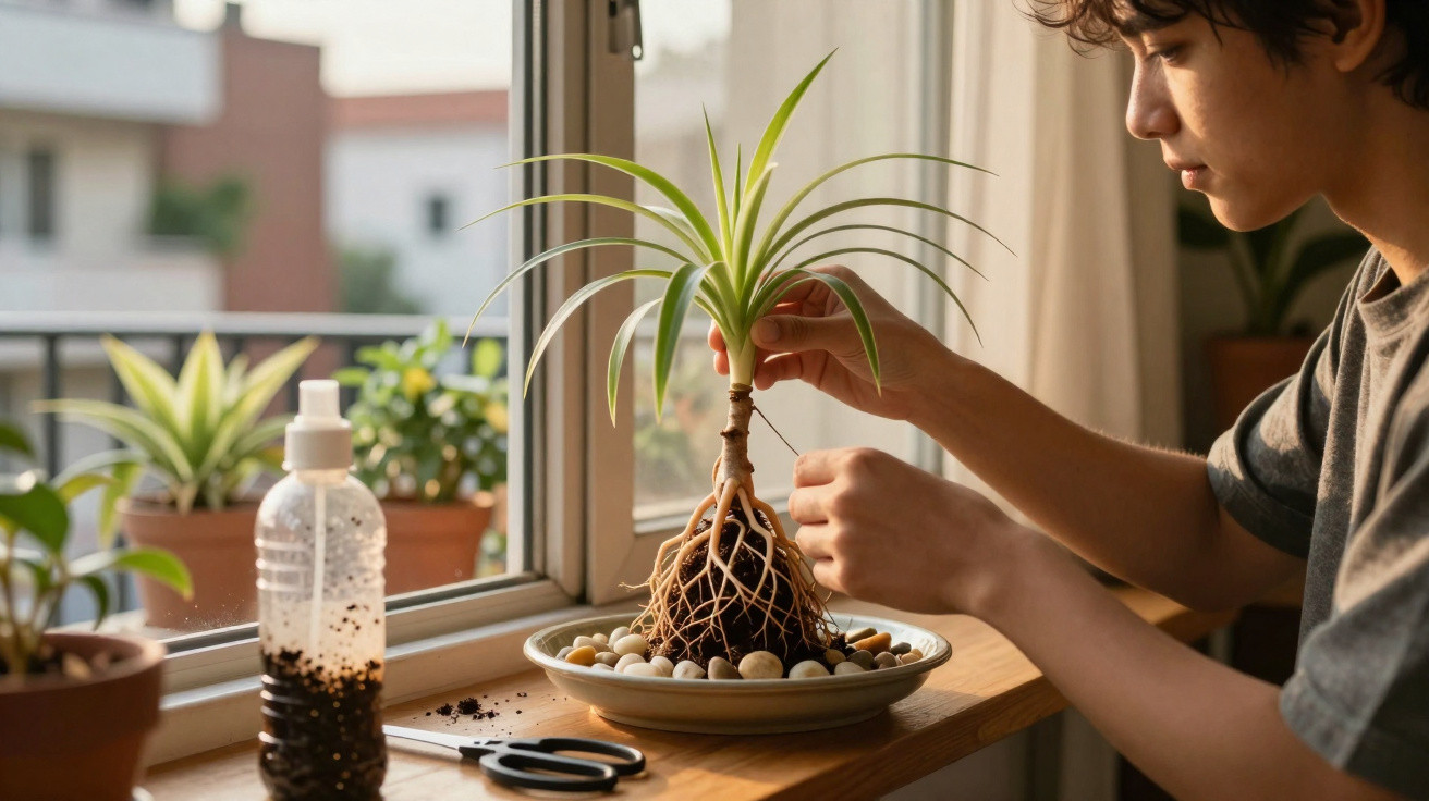 Person carefully tending to a potted plant with exposed roots on a windowsill surrounded by gardening tools.
