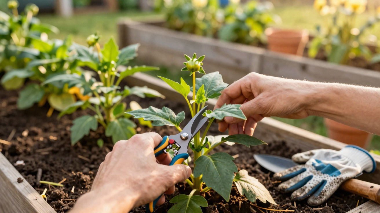 Hands pruning a young green plant in a raised garden bed with gardening gloves and trowel nearby.