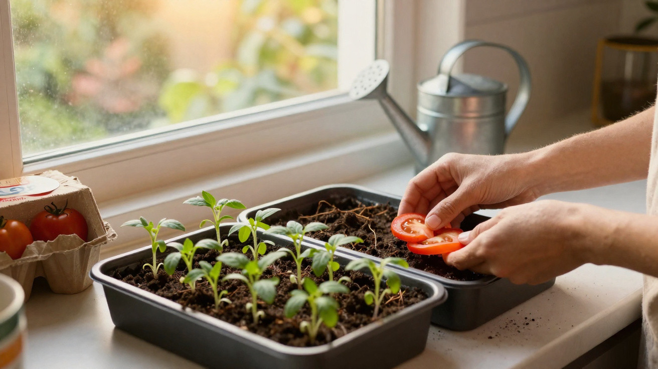 Hands placing tomato slices beside seedlings growing in trays on a windowsill with a watering can nearby.