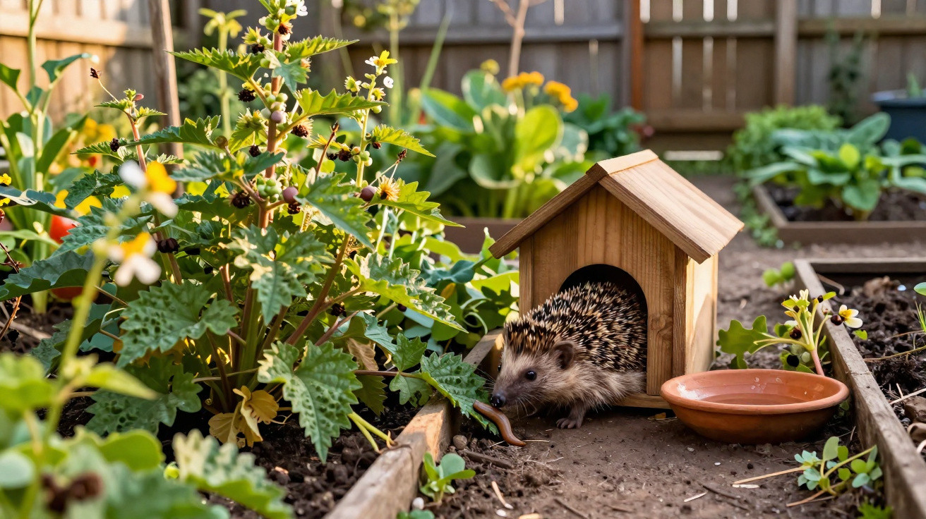 Hedgehog emerging from wooden house in garden, approaching worm next to a small water dish.
