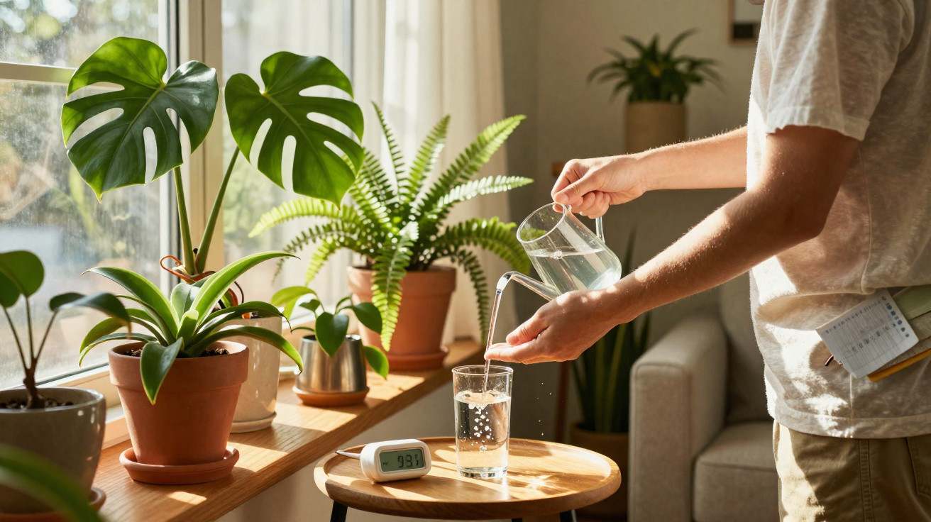 Person pouring water into a glass next to a window with potted plants and a digital thermometer on a table.