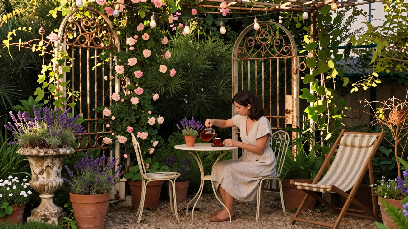 Woman pouring tea at a small garden table surrounded by pink roses and potted lavender plants.