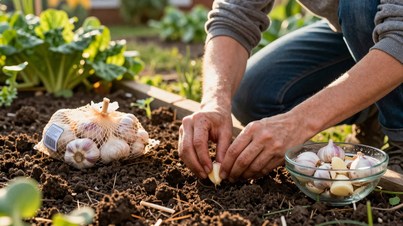 Person planting garlic cloves in garden soil with a bowl and net bag of garlic bulbs nearby.