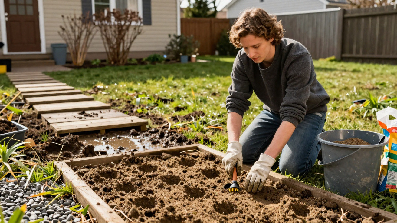 Young man wearing gloves planting seeds in a raised garden bed in a backyard on a sunny day.