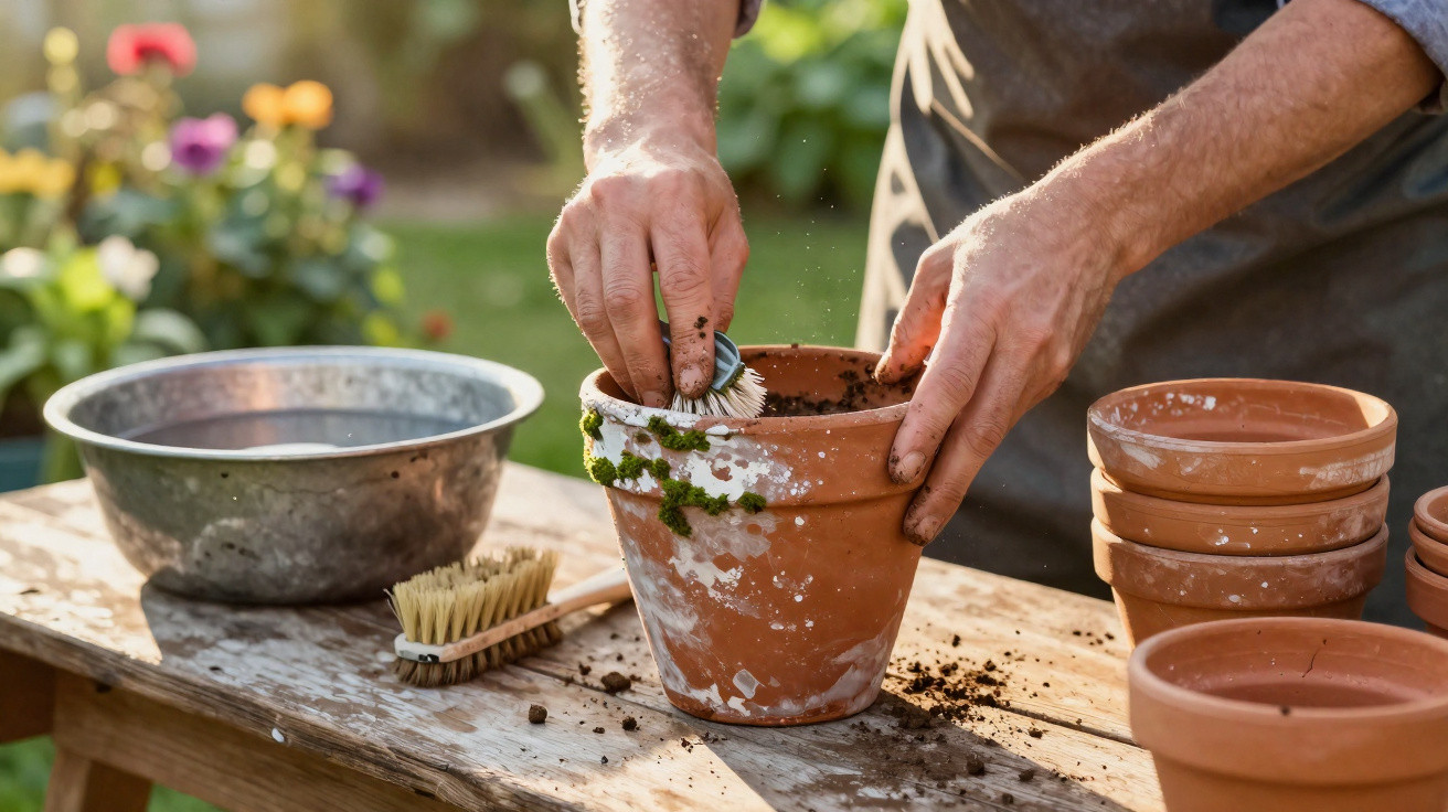 Person cleaning moss and dirt from a terracotta plant pot with a brush on a wooden table outdoors.
