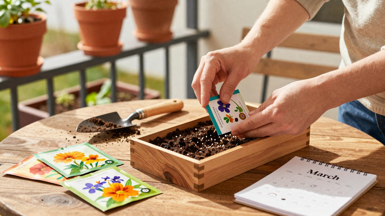 Hands planting flower seeds in a wooden box filled with soil on a table with seed packets and March calendar.