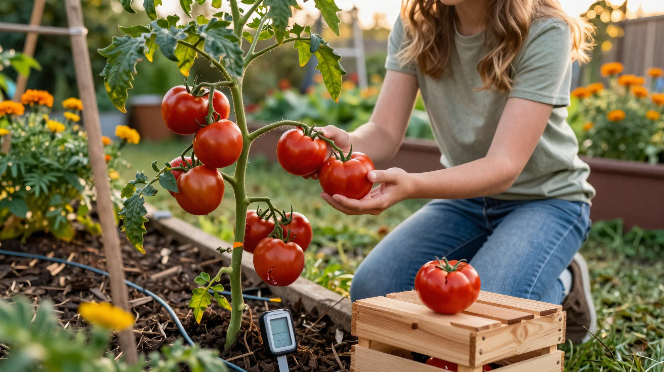 Person harvesting ripe red tomatoes from a garden plant into a wooden crate outdoors.