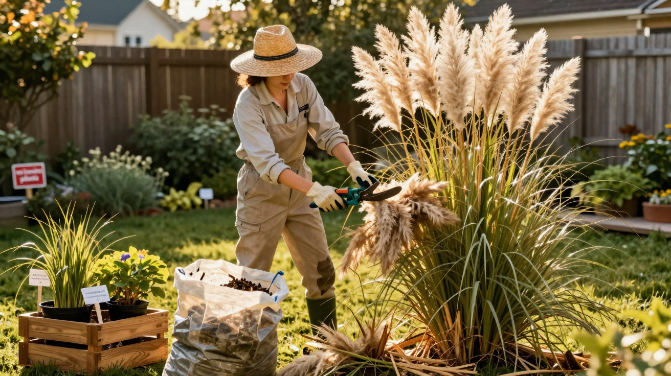Woman in a straw hat and gloves trimming pampas grass in a sunny garden with gardening tools and plants nearby.