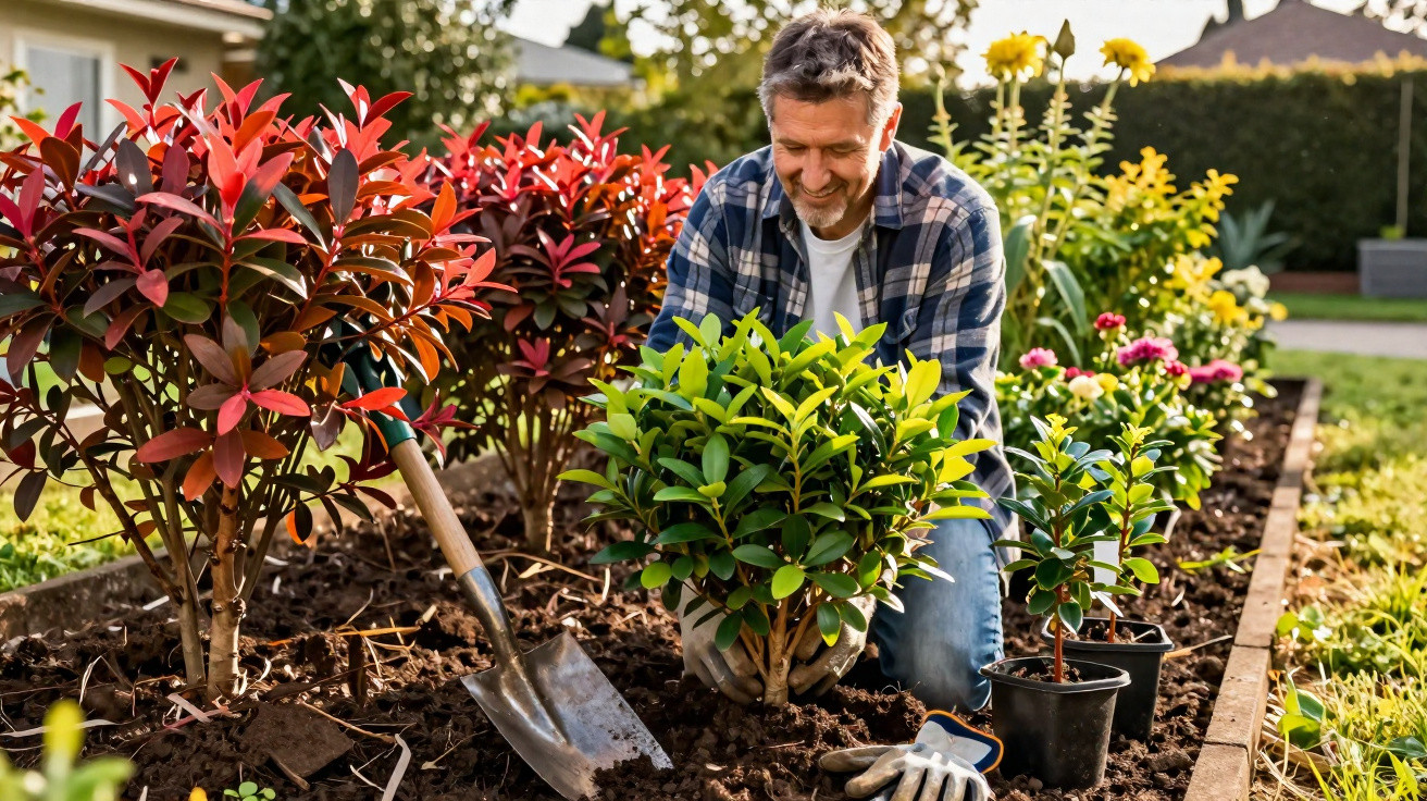 Man planting green shrub in garden bed surrounded by colourful flowers and gardening tools on soil.