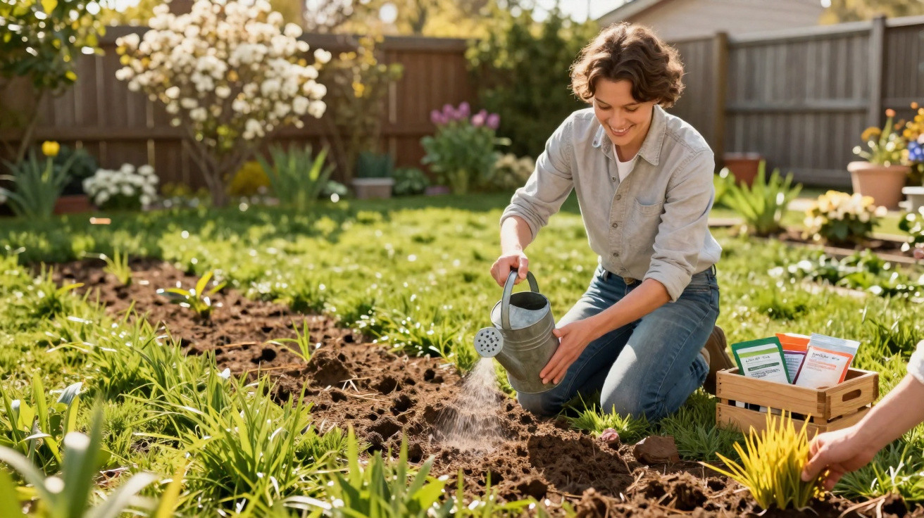 Person watering soil in a garden bed with plants and seed packets nearby on a sunny day.