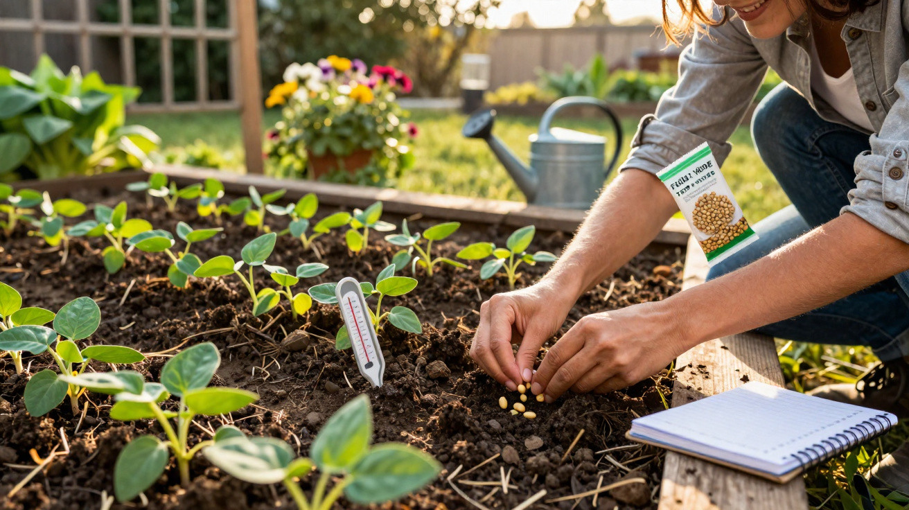 Person planting seeds in a garden bed with seedlings, a thermometer in the soil, and a notebook nearby.